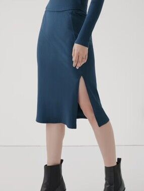 Pact Women's Refined Rib Midi Skirt Size S Organic Cotton Blend Blue